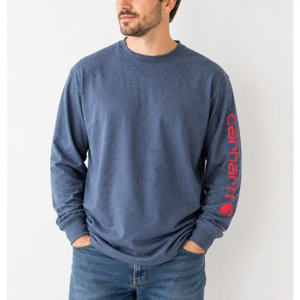 Carhartt K231 Original Fit Blue Long Sleeve Logo Tee Red Sleeve Graphic XL
